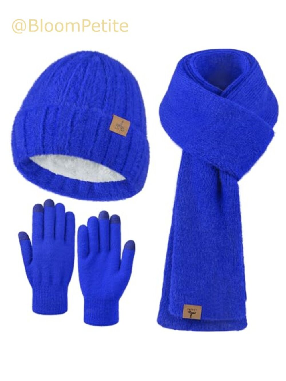 Cashmere Beanie Hat Long Knit Scarf Touch Screen Gloves 3 Piece Winter Set